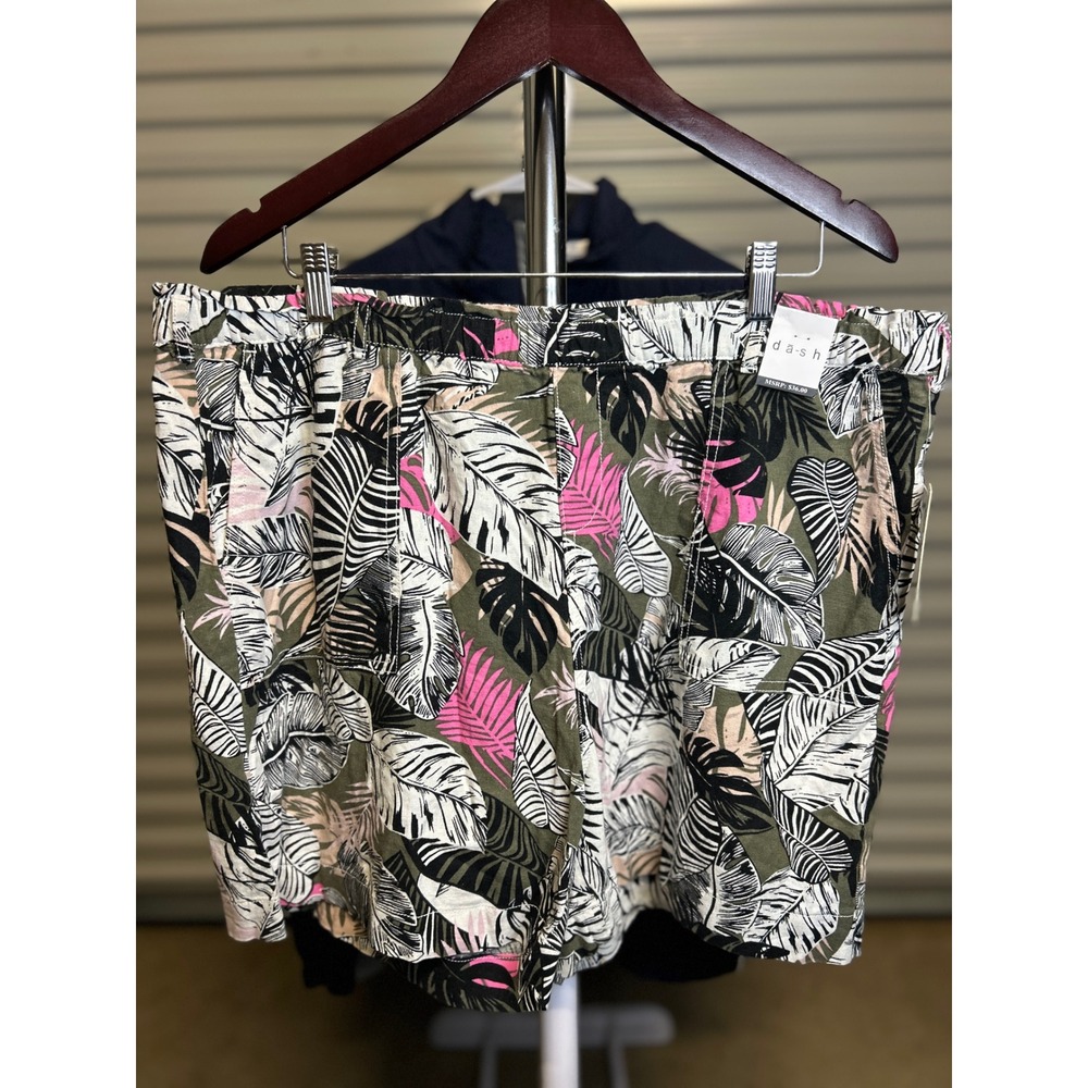Dash Shorts Women XL Green Pink Tropical Print Utility Linen Blend New NWT